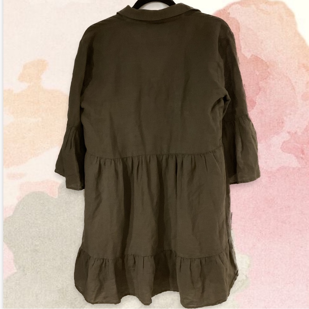 Zara Buttoned Ruffled Linen Blend Dress Green S - Picture 3 of 4